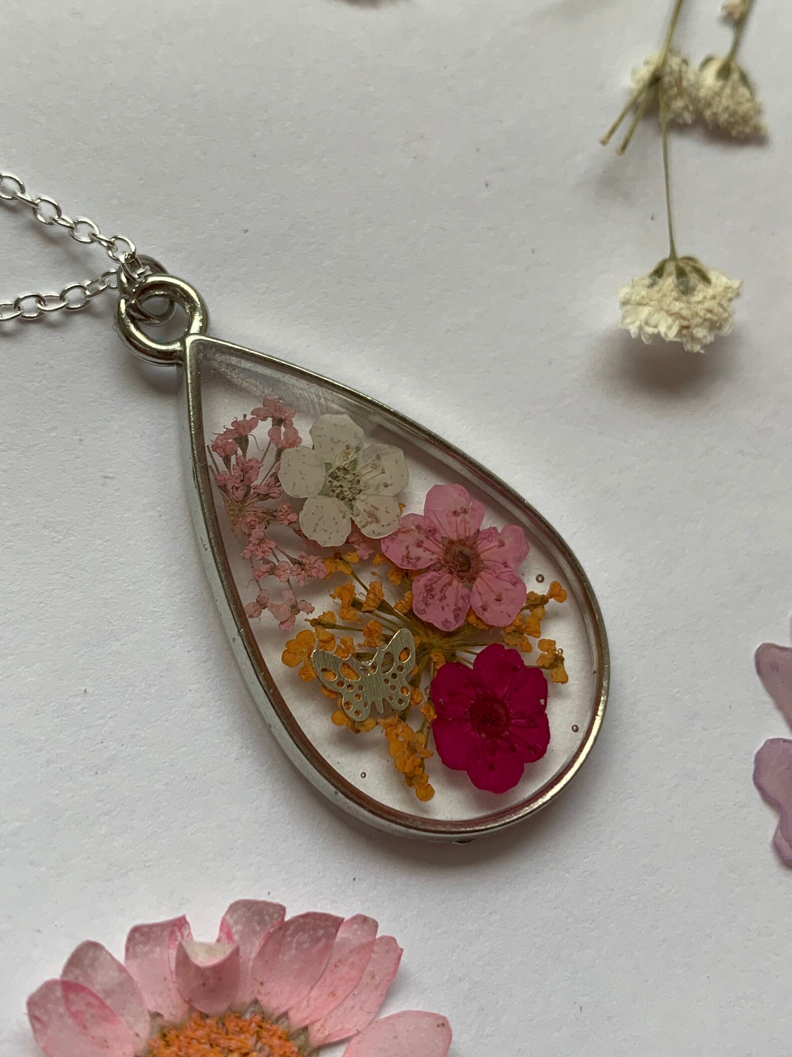 Real pressed flower necklace pink flower necklace silver Etsy