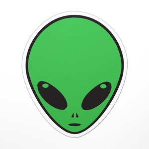 May include: A green alien face with black eyes and a simple mouth. The alien face is outlined in black and is on a white background.