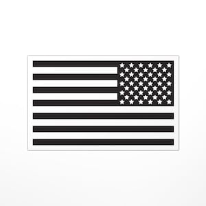 May include: Black and white American flag with 13 horizontal stripes and 50 white stars in a blue rectangle.