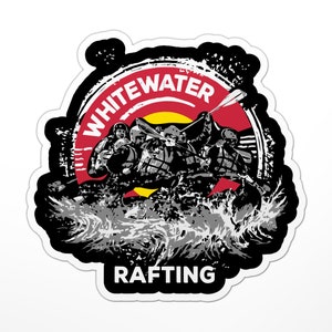 May include: Black and white illustration of a group of people in a raft going over rapids. The raft is surrounded by whitewater. The text "WHITEWATER RAFTING" is in a circle around the raft.