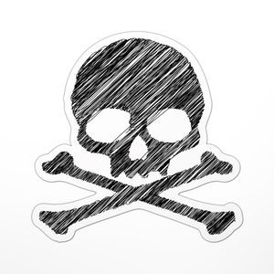 May include: A black and white skull and crossbones design drawn with a scribbled effect. The skull has two eye sockets and a nose.