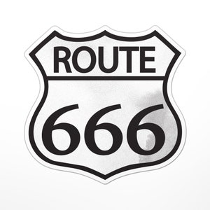 May include: A white and black Route 666 sign with a distressed, weathered look. The sign is shaped like a shield with rounded edges.