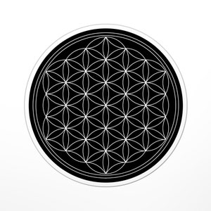 May include: A black and white circular sticker with a geometric pattern known as the Flower of Life. The pattern is made up of overlapping circles and is a symbol of sacred geometry.