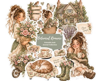 Botanical Junk Journal Printables, Floral Ephemera, Vintage Scrapbook Kit, Digital Download