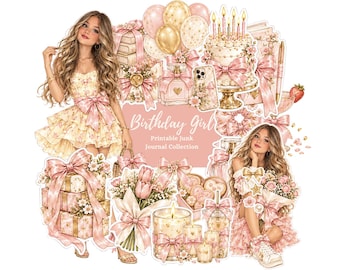 Birthday Junk Journal Printables, Girly Ephemera, Fussy Cuts, Scrapbook Kit, Digital Download