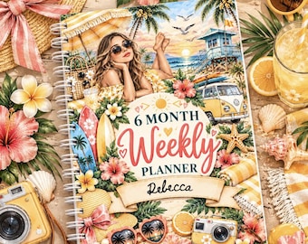 Personalised 6-Month Weekly Planner, A5 Organiser, Beach Theme (Name Customised)