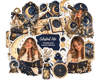 Celestial Sun & Moon Junk Journal Printables, Astrology Ephemera, Stars and Planets, Vintage Scrapbook Kit, Digital Download