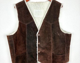 70s Vintage Suede Vest Mens XL Genuine Leather Festival Brown Sherpa Western Ranch Cowboy Boho Snap Front Hippie Indie Grunge Hipster Heavy