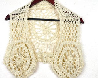 Vintage Handmade Bolero Shrug Vest Sz S Boho Crochet Fairy Sparkle  Cottage Festival Cream Delicate Dainty Cottagecore Hippie Open Knit