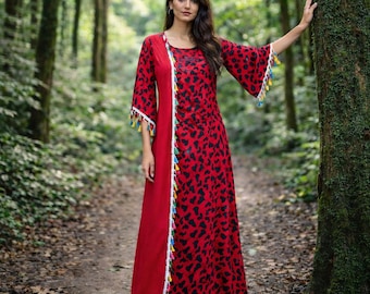 Handmade Vintage Ceremonial Goddess Gown Heart Motif Maxi Tassled Cacao Priestess Red Boho Festival Hippie Temple Medicine Meditation Size M