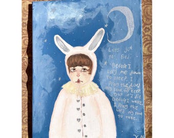 Pintura original de 11x14 pulgadas, estilo Lowbrow, "Ahora me acuesto a dormir", arte mural caprichoso.