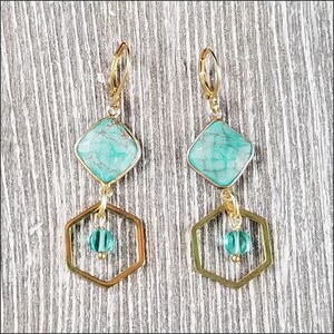 Veined Turquoise Stone with Clear Aqua Bead and Shiny Brass Hexagon Drop