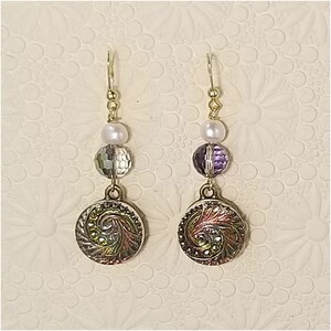 Swirling Green, Pink and Gold Czech Glass Drops, Cut Crystal Balls and Genuine Fresh Water Pearls