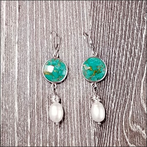 Turquoise Stone with Sterling Wire “Tornados” and Pearl Drops