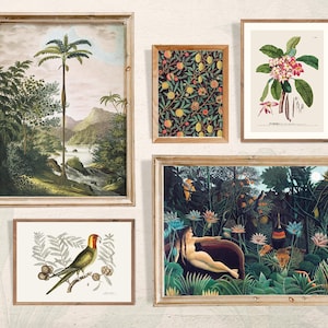 Tropical jungle gallery wall set of 5 / palm tree wall art / Dark green Botanical nature print / Vintage PRINTABLE / digital download #19s