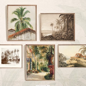 Tropical gallery wall set of 5 / Vintage green Jungle prints / PRINTABLE palm tree wall art / warm toned art /  digital download #09-set