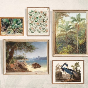 Tropische jungle galerijset van 5 prints / vintage palmbomen muurkunst / AFDRUKBAAR strandhuisdecor / kustkunst / digitale download