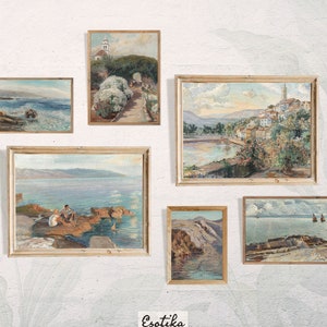 Vintage coastal seaside painting / Rustic beach decor gallery wall / set of 6 prints / PRINTABLE art / mediterranean landscape #45-set
