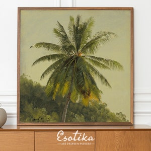 Palme altes Ölgemälde / alte Kunst mit tropischen Blättern / Vintage Baum Zeichnung / grüner Dschungel Druck / Druckbare Malerei #097