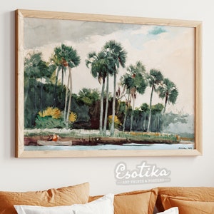 Florida Palm Tree landscape Watercolor Painting / PRINTABLE Tropical beach print / Vintage green jungle wall art / digital download #071