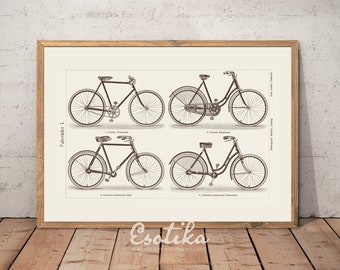 Retro Bicycles lithograph / Bicycle lover Gift for him / /Bicycle home decor / Vintage PRINTABLE Wall Art / Digital Download Artwork