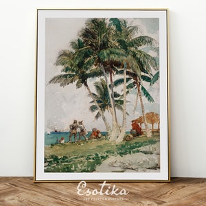 Tropical landscape painting / Vintage palm tree print / Rustic beach decor / seascape wall art / Vintage PRINTABLE / digital download #086