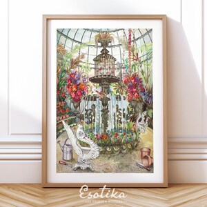 Tropischer Garten Aquarell Malerei / antikes Gewächshaus Blumenbild / florales Bild zum drucken schön / Download Bild #387