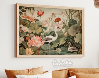 vintage green jungle print / heron bird wall art / antique tropical garden / PRINTABLE botanical nature landscape / digital download #121