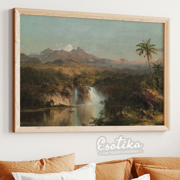 tropical landscape oil painting / PRINTABLE palm tree art / Vintage jungle print / waterfall print / large wall art / digital download #118