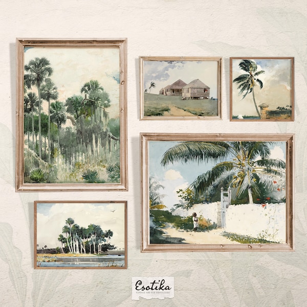Tropical palm tree beach Gallery wall / set of 5 green jungle prints / PRINTABLE Moody Caribbean art / PRINTABLE vintage art print #52-set