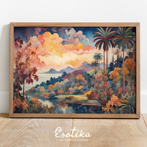 Tropical jungle landscape / PRINTABLE tropical forest / colorful art / traveler gift / Modern watercolor painting / digital download #302