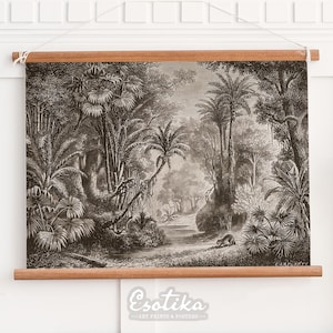 Monochrome tropical Jungle landscape PRINTED / black forest wall art / Vintage botanical palm tree drawing / boho tropical art #149