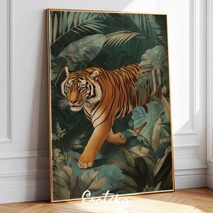 Stampa tigre / stampa giungla verde scuro / stampa animalier vintage / stampa boho tropicale / decorazione della fauna selvatica / arte murale verde / poster STAMPATO n. 09