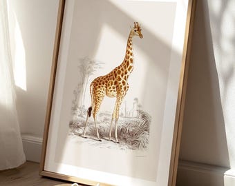 Farmhouse nursery Giraffe wall decor / Vintage African animal print / PRINTABLE wildlife home decor / Antique Brown nature illustration #127