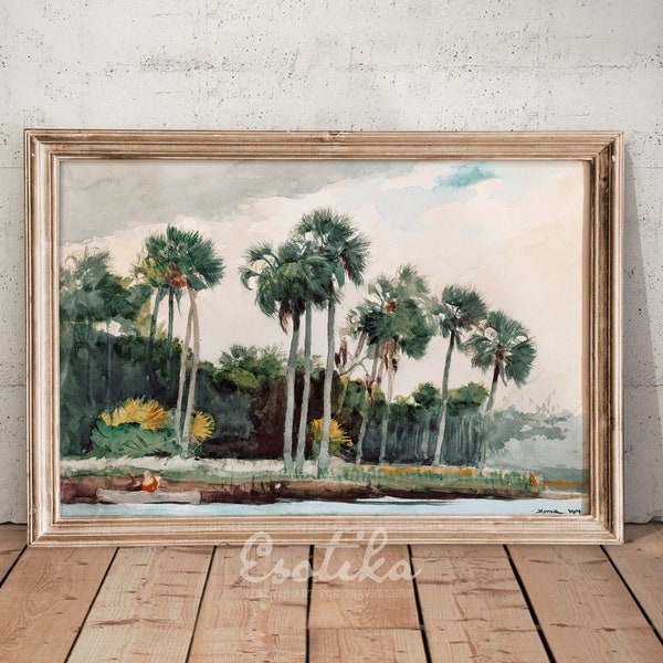 Florida Palm Tree landscape Watercolor Painting / PRINTABLE Tropical beach print / Vintage green jungle wall art / digital download #071