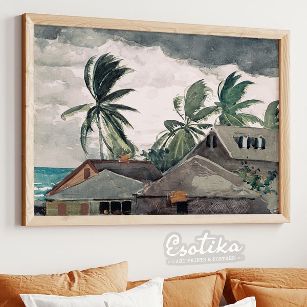 Moody palm trees watercolor painting / PRINTABLE tropical storm wall art / Vintage Caribbean landscape art print / digital download #109