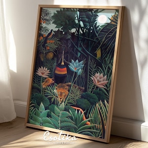 Henri Rousseau tropical jungle painting / Vintage animal print / Dark green wall art / PRINTABLE rainforest print / digital download #081