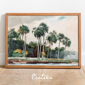Paesaggio con palme della Florida, dipinto ad acquerello / Stampa di spiaggia tropicale / Arte murale vintage con giungla verde / POSTER di carta n. 071
