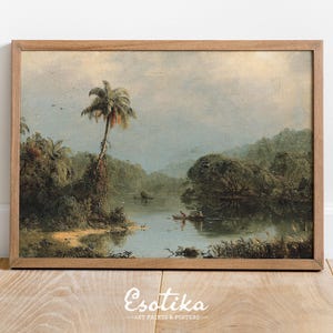 Tropical jungle landscape print / rainforest wall art / Vintage palm tree wall art / PRINTABLE large painting / digital download #137