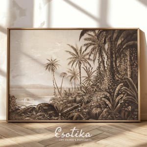 Sepia rainforest watercolor landscape / PRINTABLE vintage jungle / coastal wall art / rustic beach house decor / digital download #098