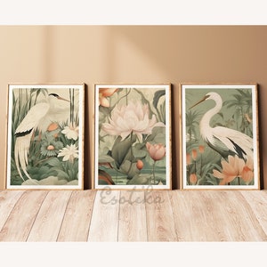 Tropical birds gallery wall set of 3 / sage green wall art / lotus flowers / Vintage PRINTABLE / Jungle print / digital download #37s