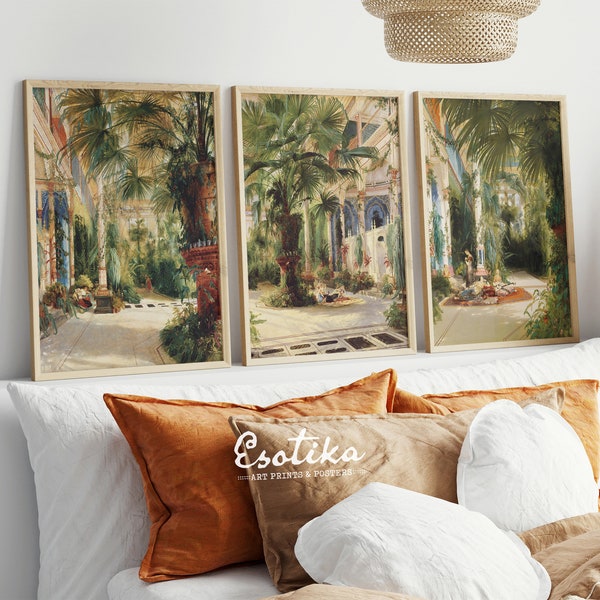 Tropical palm tree garden gallery wall / set of 3 vintage botanical prints / antique victorian greenery art / downloadable print #50-set