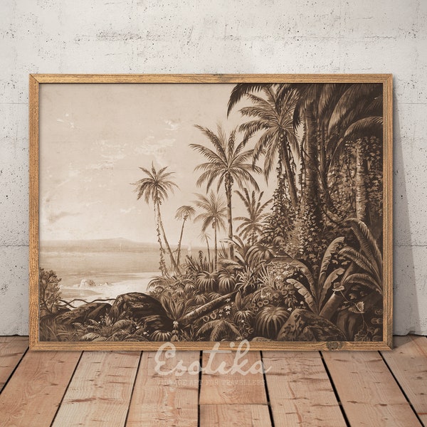 Sepia rainforest watercolor landscape / PRINTABLE vintage jungle / coastal wall art / rustic beach house decor / downloadable print #098