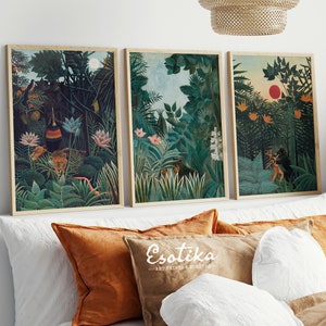 Henri Rousseau set of 3 green jungle prints / PRINTABLE gallery wall / Tropical greenery wall art / eclectic oil painting #03-set