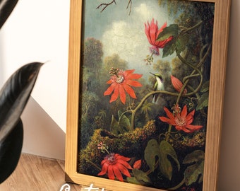 Vintage flowers print / Hummingbird oil painting / Tropical wall art / PRINTABLE nature print / botanical wall art /  digital download #134