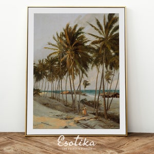 Vintage palm trees coastal landscape / seascape painting / Tropical beach house decor / brown art nature / digital download art #230