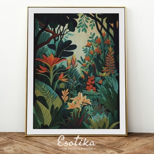 Henri Rousseau style poster / Tropical flowers wall art / green jungle print / Exotic home decor / rainforest art / Vintage art print #107