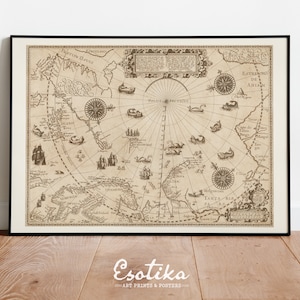 Vintage nautical map Antique drawing  / PRINTABLE beach house decor / Brown vintage map / Large old world map / digital download #024