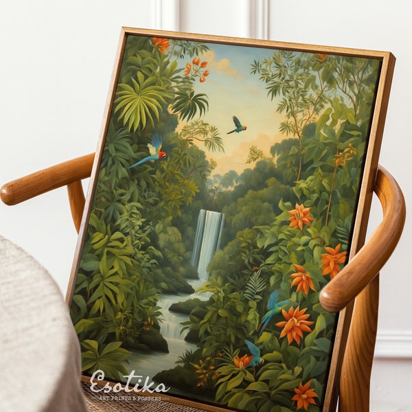 Henri Rousseau jungle print / maximalist POSTER / modern tropical bird decor / palm tree art / exotic greenery wall art #301