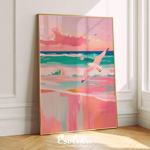 Abstract beach aeshtetic print / ocean seagull art / Pink coastal wall art / Girly Apartment Decor / summer art / PRINTED poster #405